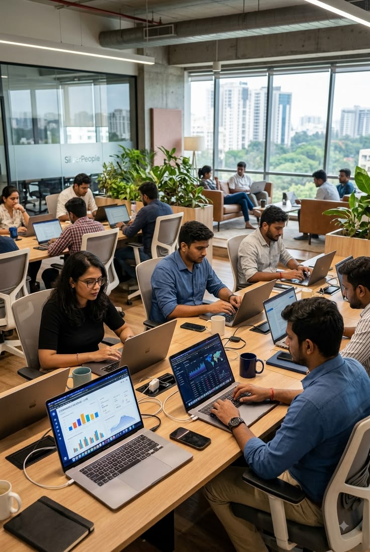 Equipe em ambiente de trabalho moderno utilizando notebooks